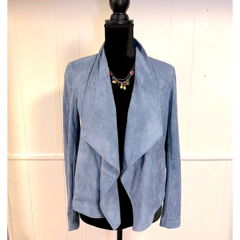 NWT‼️BB Dakota “Suede It Out” Faux Suede Draped Front Jacket -Hazy Blue -SMALL